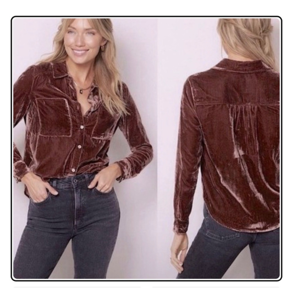 Evereve MED Eloise Velvet Button Down Shirt Women Chocolate Brown EXCELLENT